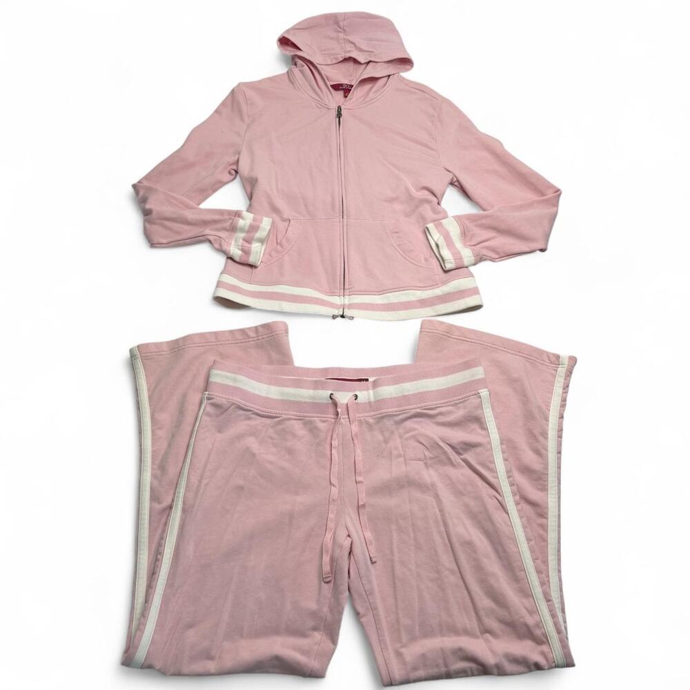 Y2K Pink cotton tracksuit white stripes on sleeves low rise flared pants size L